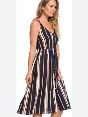 Roxy Striped Navy and Cream Button-Front Midi Dress